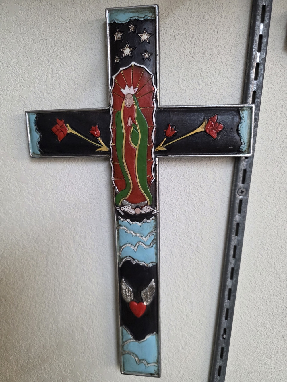 Handcrafted Religious Cross Wall Art in Black, Red & Green